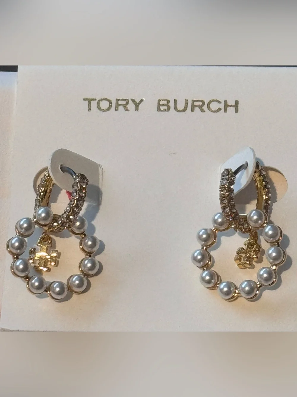 NWT Tory Burch Moondance Pearl Hoop Earrings Gold Crystal Pavé Double T Charm